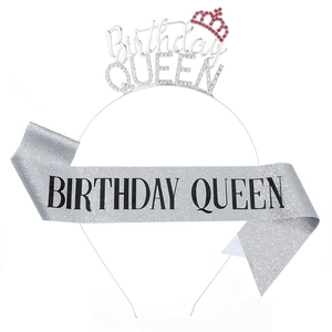 Rhinestone birthday queen headband and silver glitter sash set for party celebrations