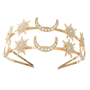 Detail of gold baroque star and moon headband with sparkling crystal rhinestones