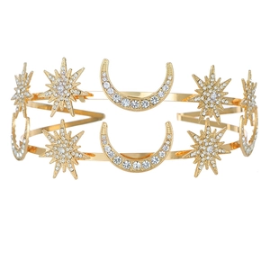 Golden sun goddess headband with double layered stars and moon crystals for parties