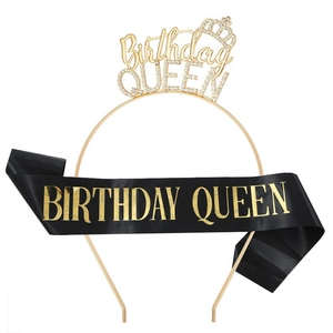 Birthday Queen gold rhinestone headband and black satin sash set for party celebration