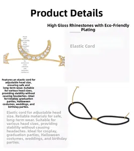 Detail of celestial gold alloy headband with rhinestones and adjustable elastic band