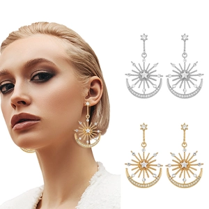 Fashion Celestial Star Moon Sun Dangle Earrings For Women Alloy Rhinestone Long Drop Earrings Party Wedding Jewelry Gift