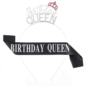 Birthday Queen set featuring a sparkling rhinestone tiara and black satin shoulder sash