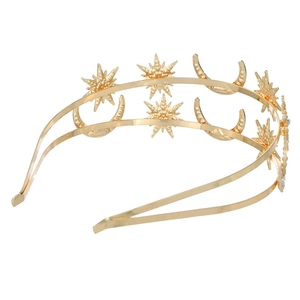 Detail of bohemian gold double-layer headband featuring 3D star and crescent moon shapes