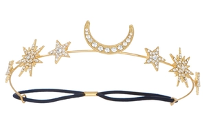 Detail of baroque moon and star headband with sparkling rhinestones and elastic band