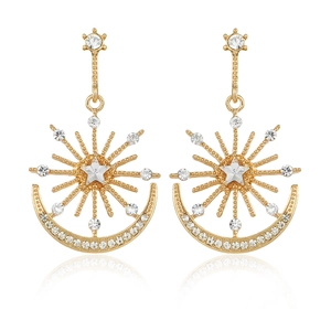 Golden sun star and moon drop earrings with sparkling rhinestones for women