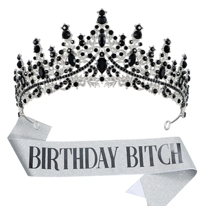 Black rhinestone birthday crown and silver sequin sash with Birthday Bitch text