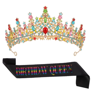 Colorful rhinestone crown with Birthday Queen satin sash set for party celebrations