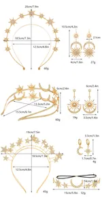 Size chart showing dimensions for sun and moon crown headbands and earrings sets