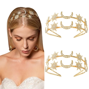 Bohemian Double Layer Star Moon Headband For Women Rhinestone Alloy Sun Goddess Tiara Crown Party Hair Accessories