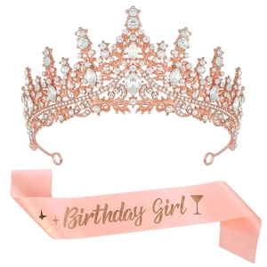 Rose gold rhinestone crown and pink satin Birthday Girl sash party accessory set