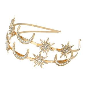 Golden double-layer sun goddess headband with stars and moons encrusted in crystals