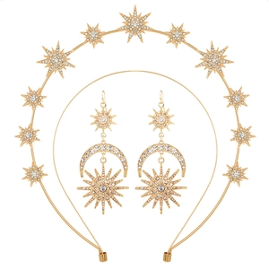 Golden sun and moon star tiara crown with matching drop earrings jewelry set