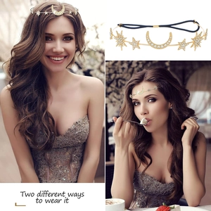 Bohemian gold star and moon headband with white rhinestones showing two ways to wear it