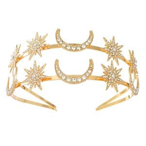 Golden double-layer crown headband with crystal moon and star motifs for weddings