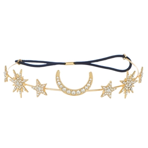 Baroque style sun moon star headband with golden alloy and sparkling white rhinestones