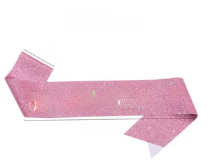 Pink glitter Birthday Princess sash with holographic lettering and product dimensions