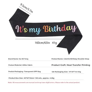 Detailed size chart for black glitter It's my Birthday sash with colorful lettering