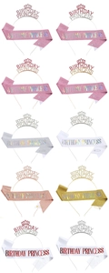 Detail view of 10 colorful birthday princess sash and crown sets for party decorations