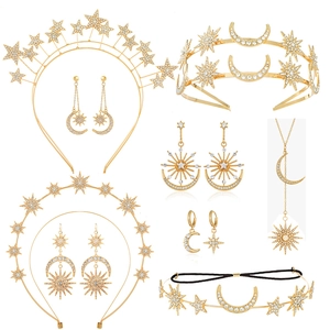 Bohemian Gold Alloy Rhinestone Sun Moon Star Headband Crown Earrings Jewelry Set For Women Wedding Bridal Party Accessories