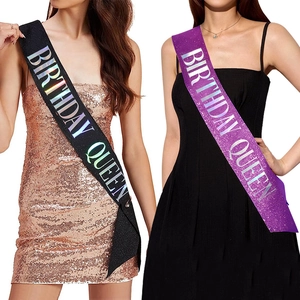 Glitter birthday queen sashes in black and purple with laser reflective lettering