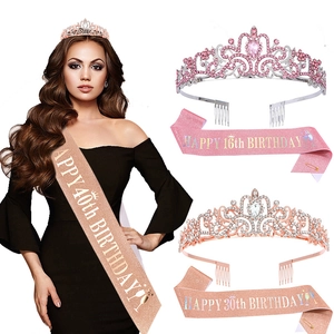 Rhinestone Alloy Birthday Crown Tiara And Glitter Fabric Sash Set For Women Birthday Party Celebration Accessories