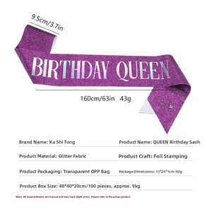 Detailed size guide for purple glitter Birthday Queen sash with bronzing gold lettering