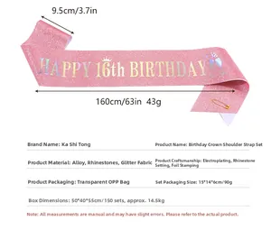 Pink glitter sash with Happy 16th Birthday lettering and dimensions 160x9.5 cm