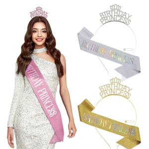 Birthday Princess Crown Tiara And Glitter Sash Set For Women Girls Birthday Party Decorations Alloy Rhinestone Headband Pink Gold Silver