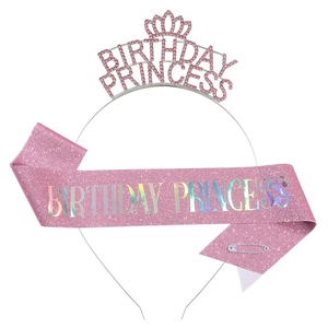 Birthday princess tiara and pink glitter sash set for party accessories