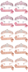 Detail set of crystal birthday tiaras and glitter sashes for ages 10 to 70