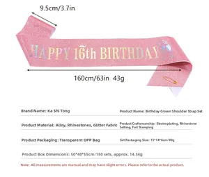 Pink glitter sash with Happy 16th Birthday gold lettering and safety pin, 160x9.5cm