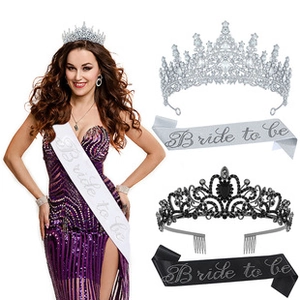 Detail of Bride to Be sash and rhinestone crown set for bachelorette parties