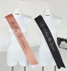 Dual view of rose gold and black glitter birthday sashes with Birthday Queen lettering