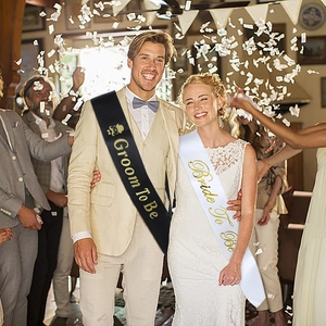 Satin Groom To Be and Bride To Be sashes set with gold foil lettering for wedding parties