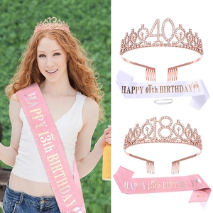 Diadème Anniversaire en Alliage Or Rose Avec Numéro Strass et Écharpe en Satin Épingle en Perle Artificielle Femme Fête