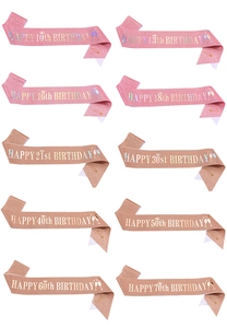 Glitter birthday sashes for ages 10 to 70 in pink and rose gold with safety pins