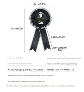 Detailed view of Groom to be badge with lace trim and suit design including dimensions