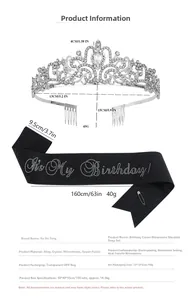 Detail of silver rhinestone crown and black glittery It's My Birthday sash set