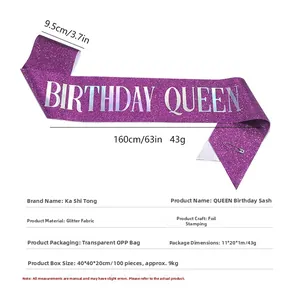 Lila Glitzer-Geburtstagsschärpe mit silberner Aufschrift Birthday Queen und Sicherheitsnadel