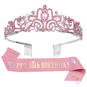 Pink rhinestone 16th birthday tiara and glitter sash set for girls party accessory