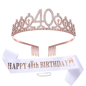 Set de 40e anniversaire or rose avec diadème en cristal et écharpe en satin de fête