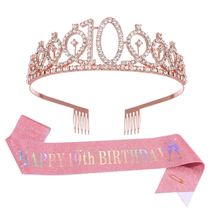 Parure 10ème anniversaire or rose avec diadème en cristal et écharpe pailletée rose
