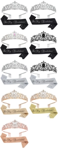 Various crystal tiara and glitter sash sets for birthday girls in multiple color options