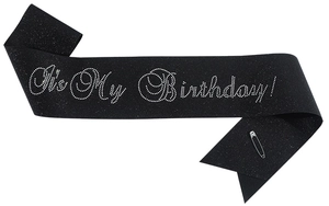Detail of black glitter birthday sash with silver rhinestone It's My Birthday lettering