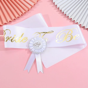 White Bride To Be sash and rosette badge set with gold lettering for wedding parties