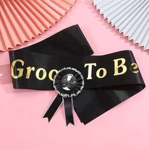 Groom To Be set including black satin sash and pleated badge with gold lettering