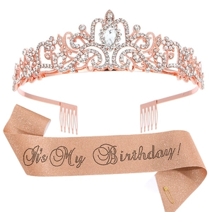Elegant rose gold birthday set with rhinestone crystal crown and glittery sash