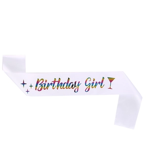 Elegant white satin Birthday Girl sash with rainbow metallic foil text for party