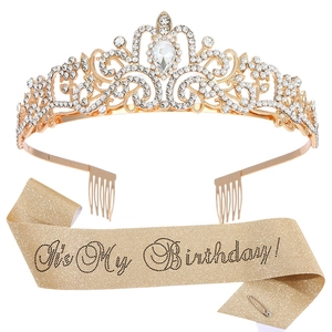 Golden crystal birthday crown with It's My Birthday sash and safety pin for women